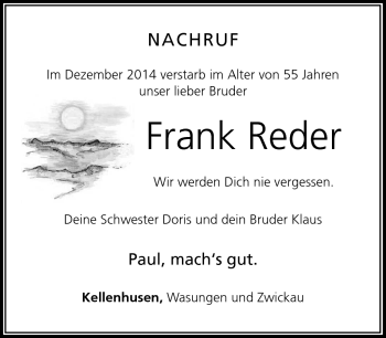 Traueranzeige von Frank Reder von Südthüringer Presse