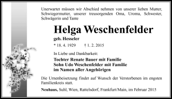 Traueranzeige von Helga Weschenfelder von Südthüringer Presse