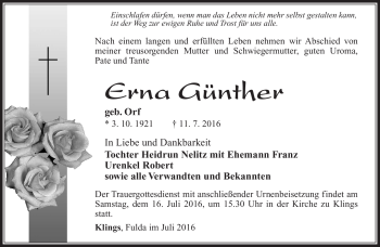 Traueranzeige von Erna Günther von Südthüringer Presse