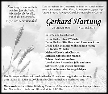 Traueranzeige von Gerhard hartung von Südthüringer Presse
