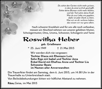 Traueranzeige von Roswitha Heber von Südthüringer Presse