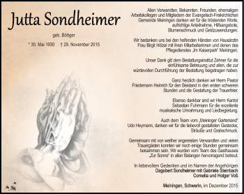 Traueranzeige von Jutta Sondheimer von Südthüringer Presse