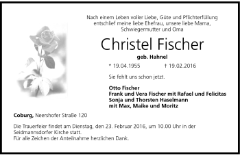 Traueranzeige von Christel Fischer von Neue Presse Coburg