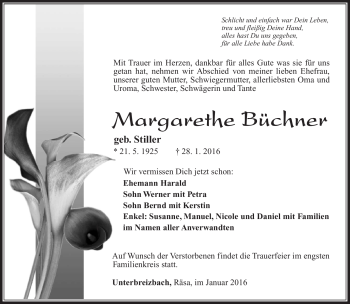 Traueranzeige von Margarethe Büchner von Südthüringer Presse