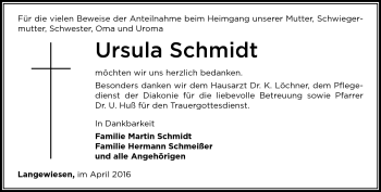 Traueranzeige von Ursula Schmidt von Südthüringer Presse