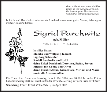 Traueranzeige von Sigrid Parchwitz von Südthüringer Presse