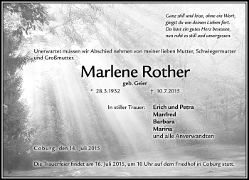 Traueranzeige von Marlene Rother von Neue Presse Coburg