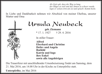 Traueranzeige von Ursula Neubeck von Südthüringer Presse