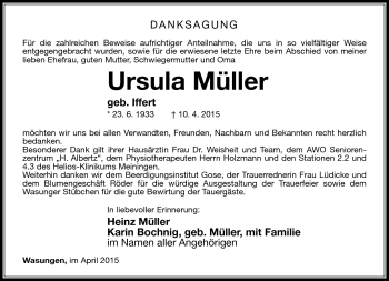 Traueranzeige von Ursula Müller von Südthüringer Presse