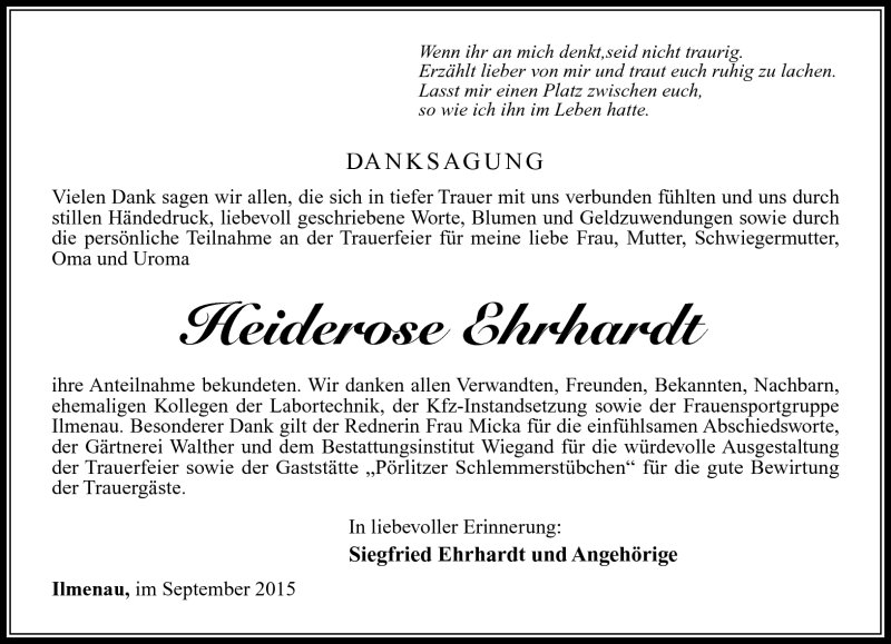  Traueranzeige für Heiderose Ehrhardt vom 05.09.2015 aus Südthüringer Presse