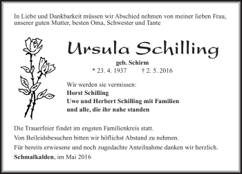 Traueranzeige von Ursula Schilling von Südthüringer Presse