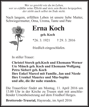 Traueranzeige von Erna Koch von Südthüringer Presse