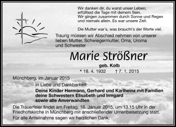 Traueranzeige von Marie Strößner von Frankenpost