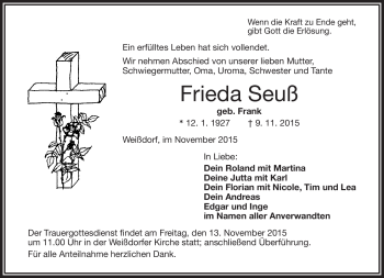 Traueranzeige von Frieda Seuß von Frankenpost