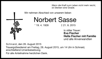 Traueranzeige von Norbert Sasse von Neue Presse Coburg