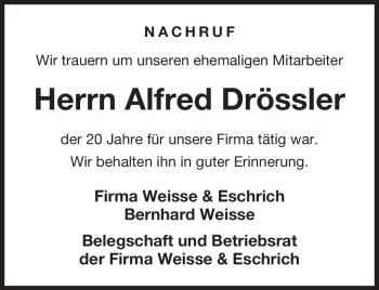 Traueranzeige von Alfred Drössler von Neue Presse Coburg