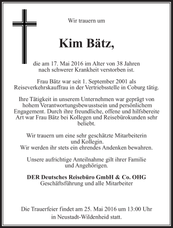 Traueranzeige von Kim Bätz von Neue Presse Coburg