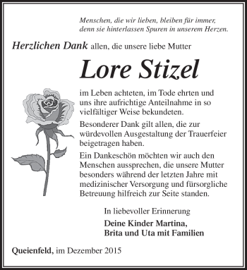 Traueranzeige von Lore Stizel von Südthüringer Presse