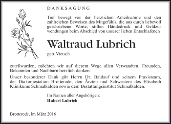 Traueranzeige von Waltraud Lubrich von Südthüringer Presse