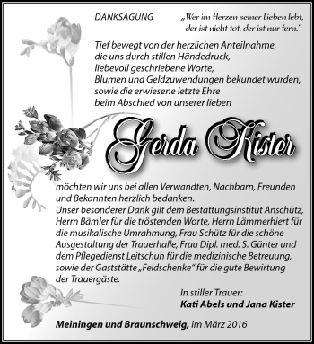 Traueranzeige von Gerda Kister von Südthüringer Presse