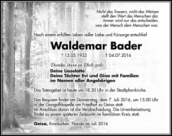 Traueranzeige von Waldemar Bader von Südthüringer Presse