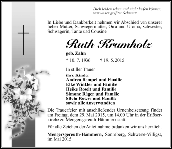Traueranzeige von Ruth Krumholz von Südthüringer Presse