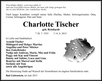 Traueranzeige von Charlotte Tischer von Südthüringer Presse