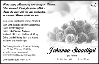 Traueranzeige von Johanna Staudigel von Südthüringer Presse