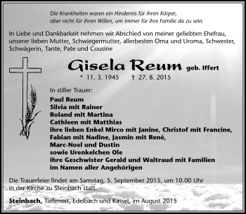 Traueranzeige von Gisela Reum von Südthüringer Presse