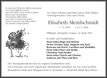 Traueranzeige von Elisabeth Meinlschmidt von Frankenpost