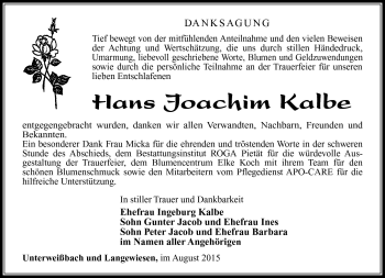 Traueranzeige von Hans Joachim Kalbe von Südthüringer Presse
