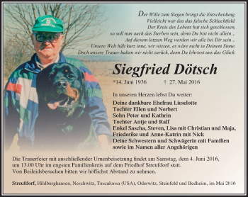 Traueranzeige von Siegfried Dötsch von Südthüringer Presse