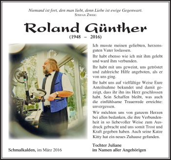 Traueranzeige von Roland Günther von Südthüringer Presse