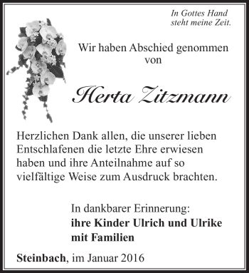 Traueranzeige von Herta Zitzmann von Südthüringer Presse