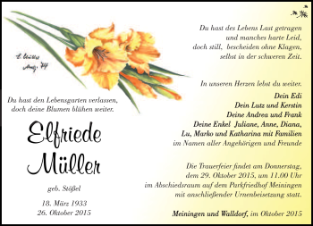 Traueranzeige von Elfriede Müller von Südthüringer Presse