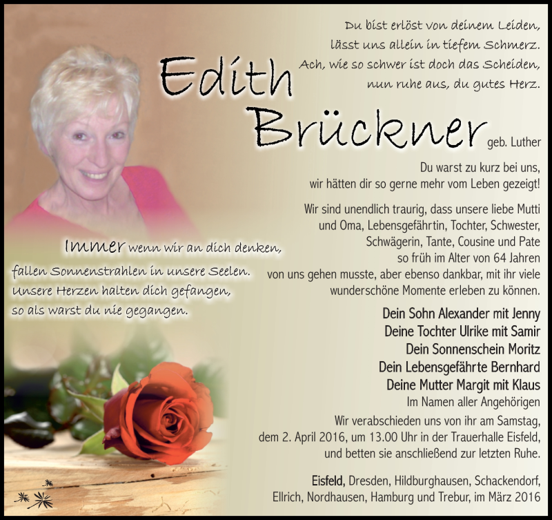  Traueranzeige für Edith Brückner vom 26.03.2016 aus Südthüringer Presse