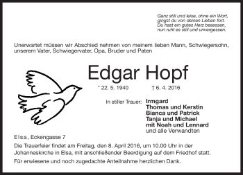 Traueranzeige von Edgar Hopf von Neue Presse Coburg