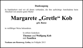 Traueranzeige von Margarete Kob von Südthüringer Presse
