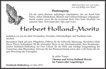 Traueranzeige von Herbert Holland-Moritz von Südthüringer Presse