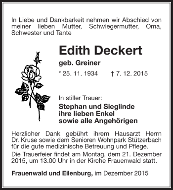 Traueranzeige von Edith Deckert von Südthüringer Presse