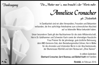 Traueranzeige von Anneliese Cronacher von Südthüringer Presse