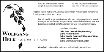 Traueranzeige von Wolfgang Helk von Südthüringer Presse