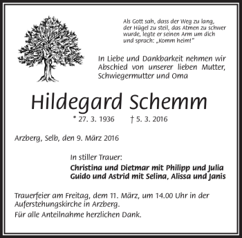 Traueranzeige von Hildegard Schemm von Frankenpost