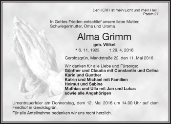 Traueranzeige von Alma Grimm von Frankenpost
