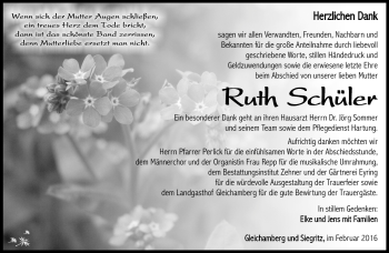 Traueranzeige von Ruth Schüler von Südthüringer Presse
