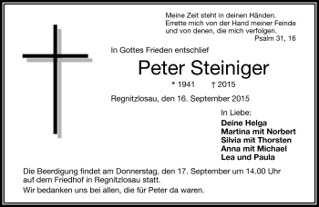 Traueranzeige von Peter Steiniger von Frankenpost