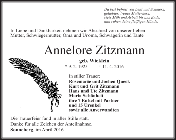Traueranzeige von Annelore Zitzmann von Südthüringer Presse
