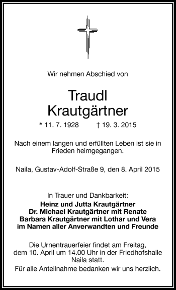 Traueranzeige von Traudl Krautgärtner von Frankenpost