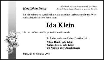 Traueranzeige von Ida Klein von Südthüringer Presse