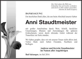 Traueranzeige von Anni Staudtmeister von Südthüringer Presse